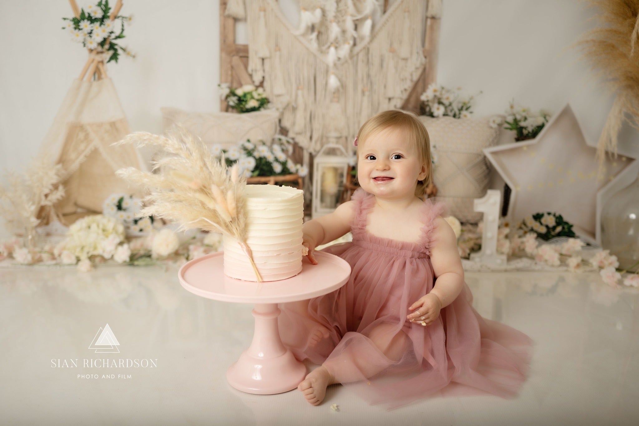 Kate Beige Little Daisy Floral Boho Backdrop Designed by Emetselch -UK