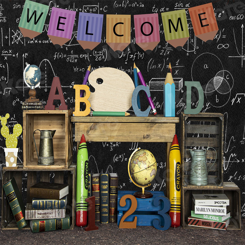 Kate Back to School Blackboard ABCD Crayon Backdrop for Photography