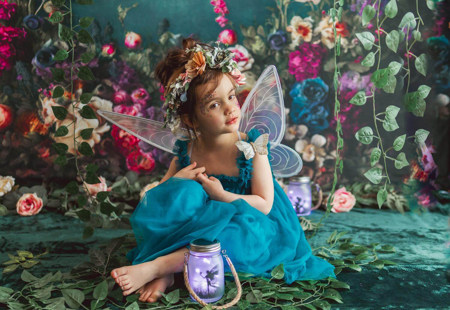 Kate Spring Fine Art Oil Painterly Floral Dark Teal Fleece Backdrop Designed by Mini MakeBelieve -UK