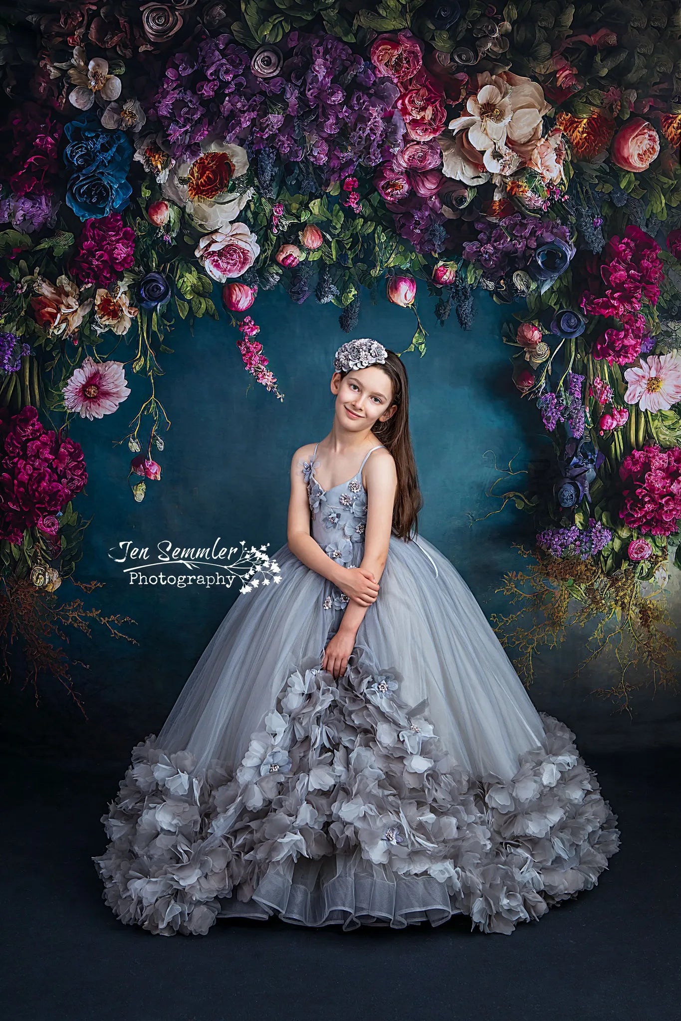 Kate Spring Fine Art Oil Painterly Floral Dark Teal Fleece Backdrop Designed by Mini MakeBelieve -UK