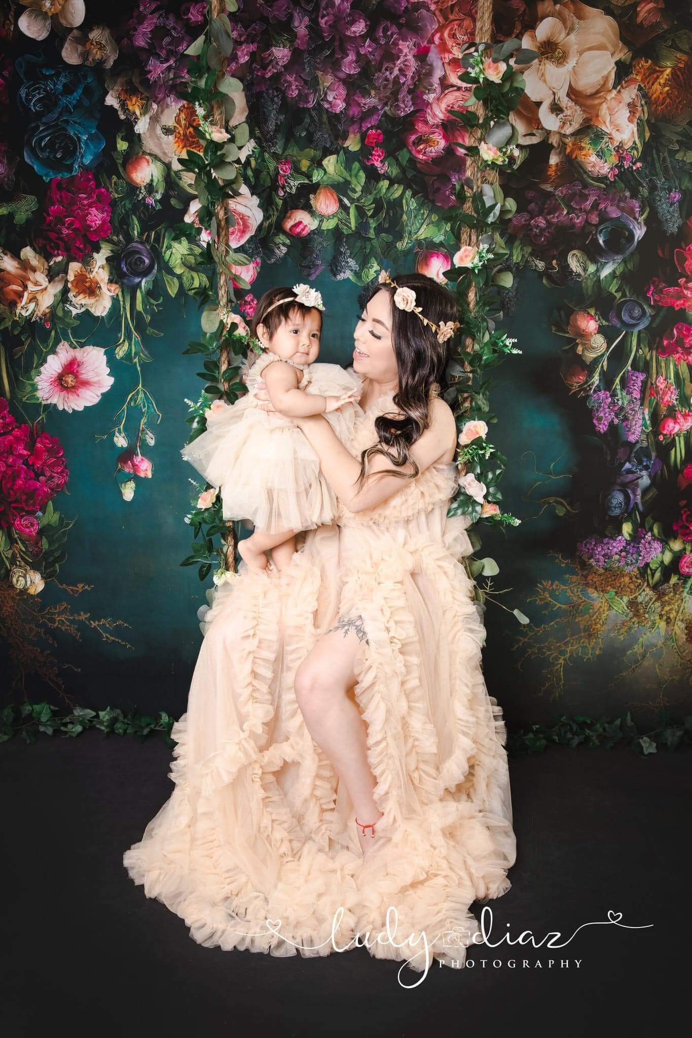 Kate Spring Fine Art Oil Painterly Floral Dark Teal Fleece Backdrop Designed by Mini MakeBelieve -UK