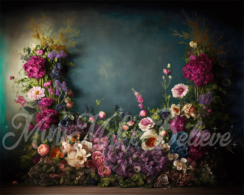 Kate Spring Fine Art Oil Painterly Floral Dark Teal Fleece Backdrop Designed by Mini MakeBelieve -UK