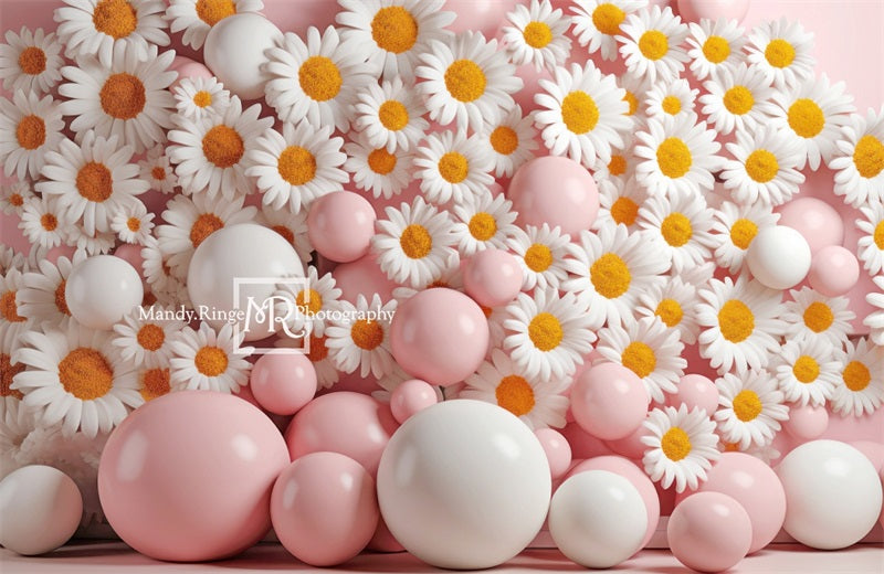 Kate Pink White Balloon Daisies Wall Backdrop Designed by Mandy Ringe Photography -UK