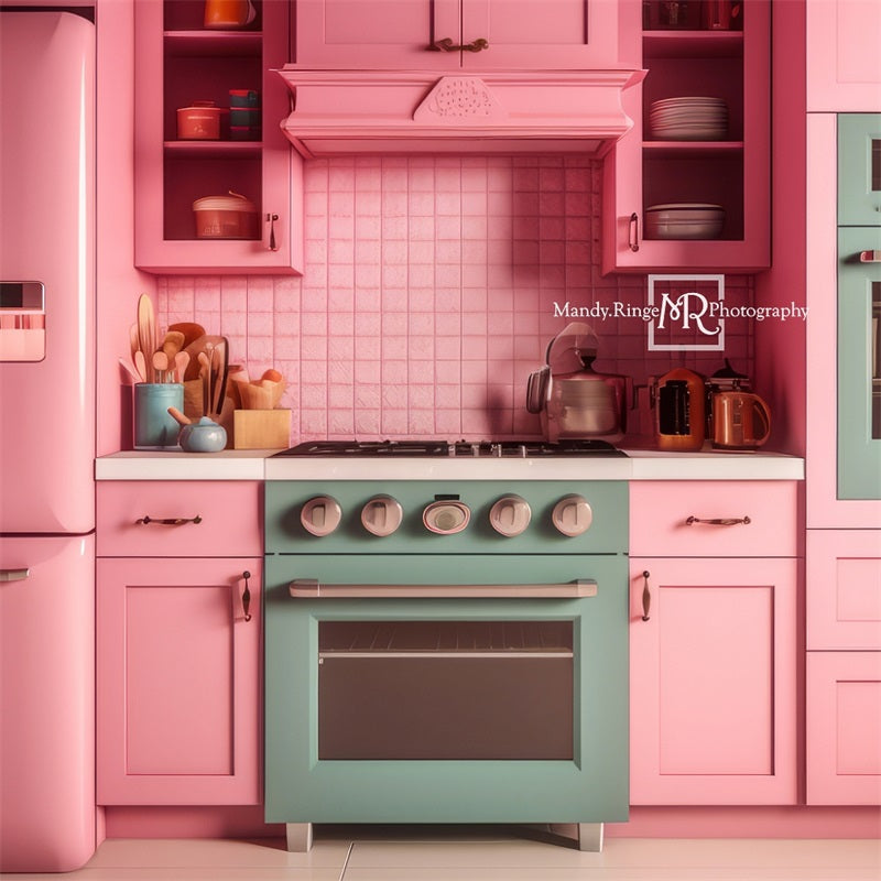 Kate Pink Fantasy Dollhouse Kitchen Backdrop Designed by Mandy Ringe Photography -UK