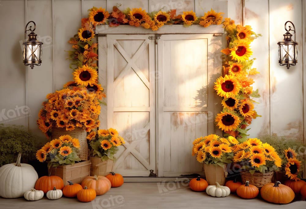 Kate Autumn Sunflower Pumpkin Barn Door Backdrop Designed by Chain Photography