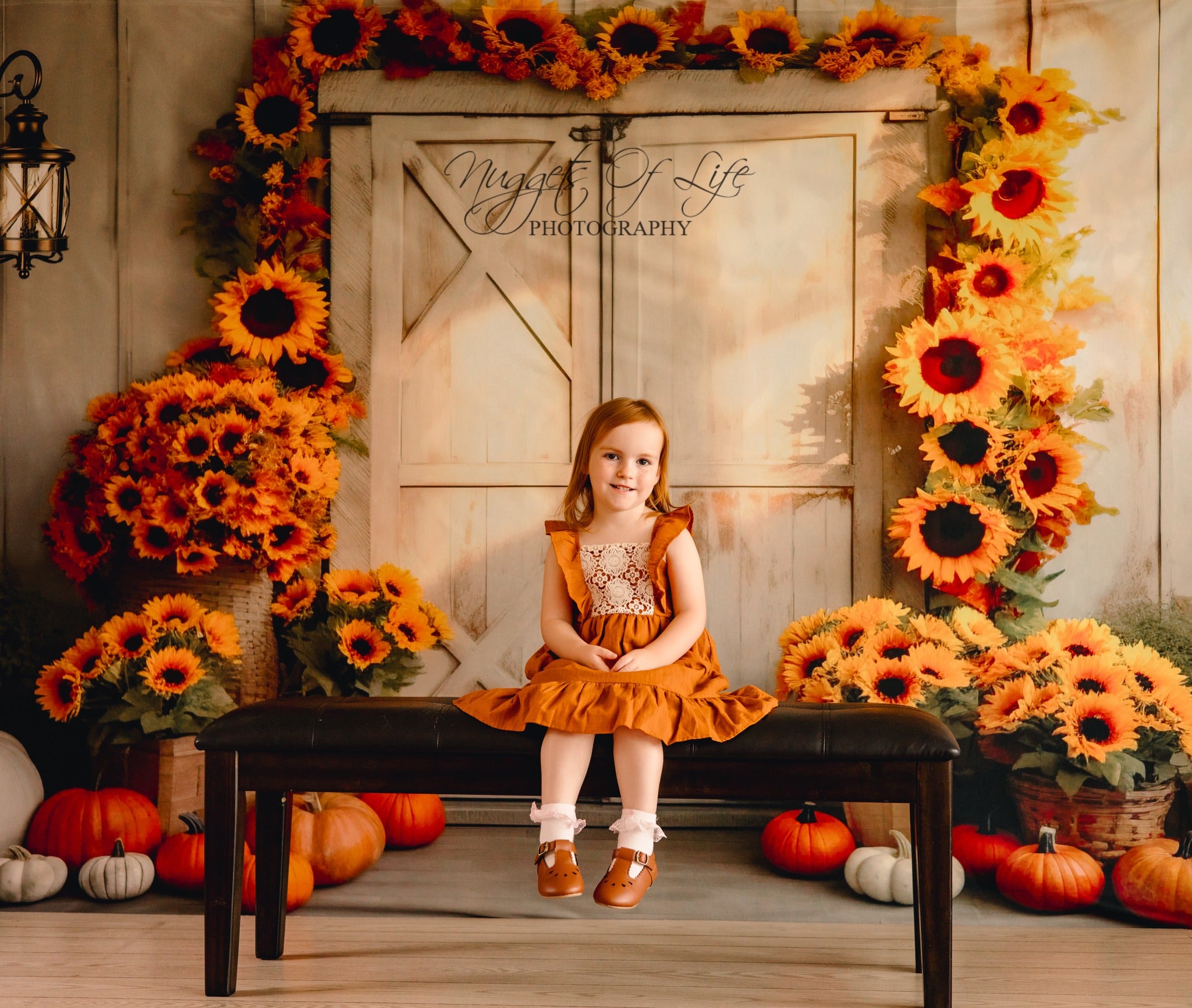 Kate Autumn Sunflower Pumpkin Barn Door Backdrop Designed by Chain Photography