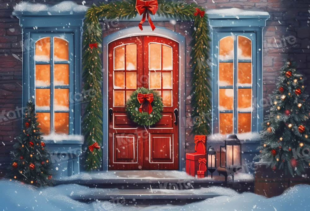 Kate Christmas Red door Snowy Night Backdrop Designed by Chain Photography