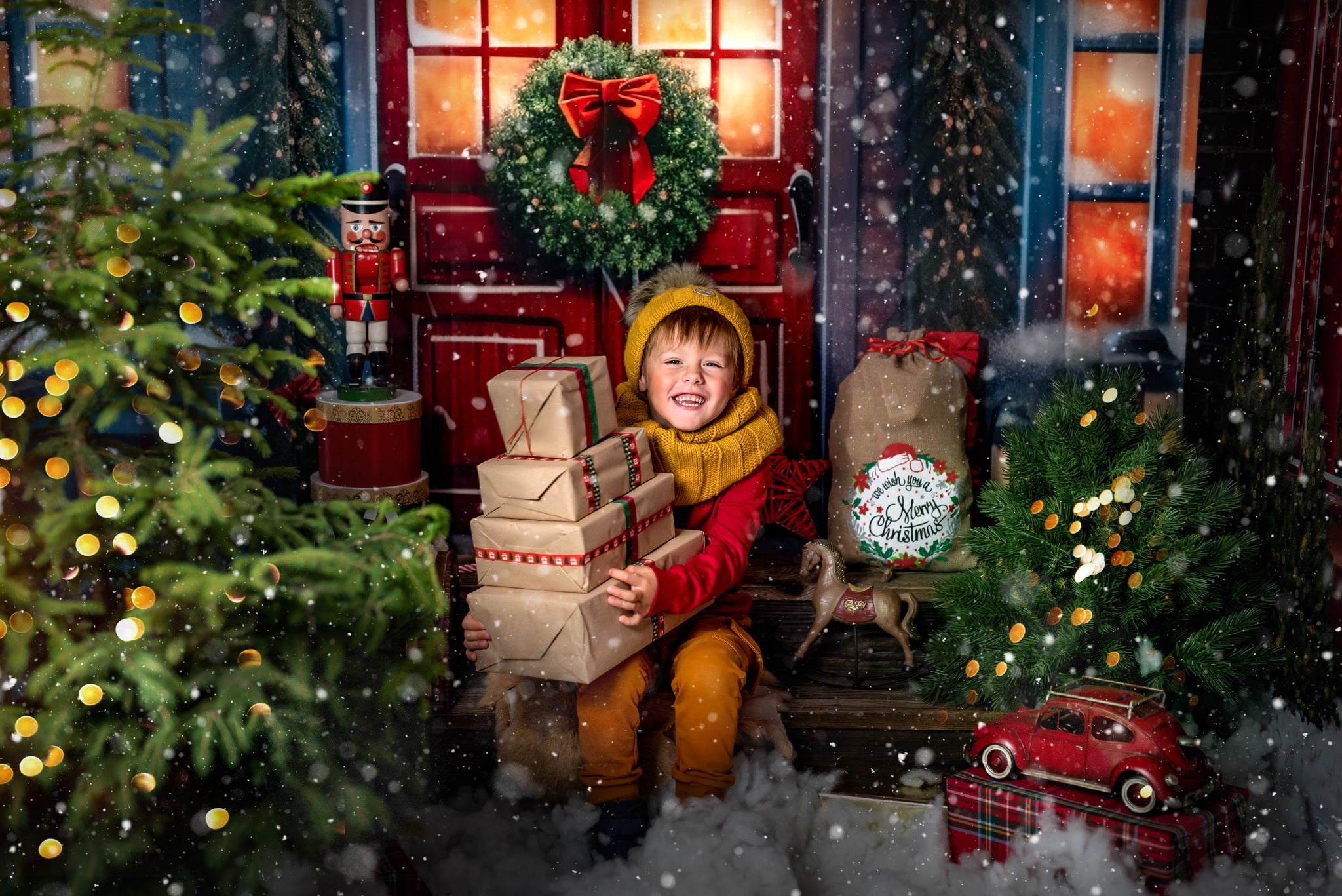 Kate Christmas Red door Snowy Night Backdrop Designed by Chain Photography -UK