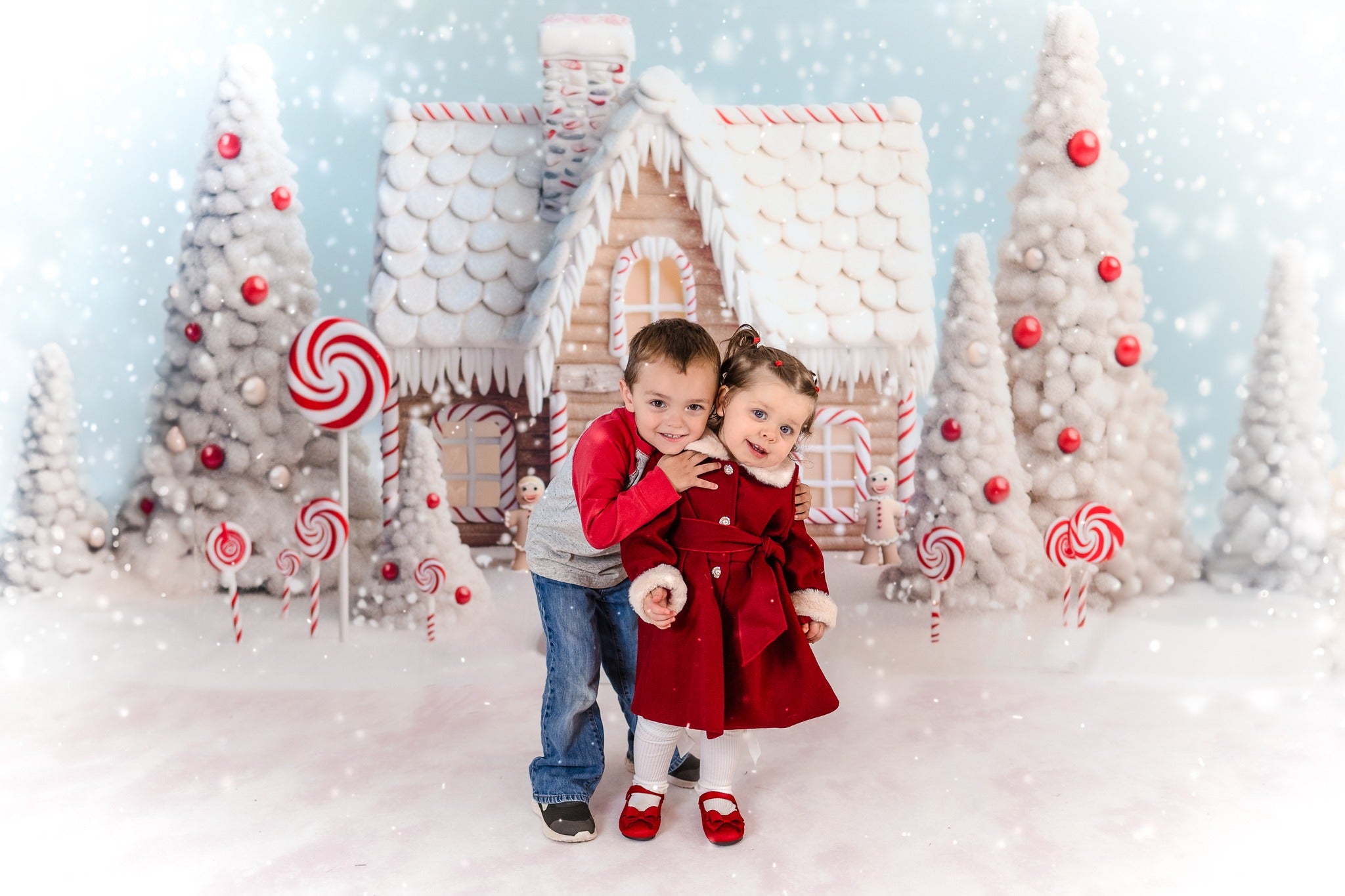 Kate Christmas Candy Snow House Backdrop+White Snow Floor Backdrop