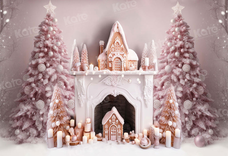 Kate Christmas Pink Tree Fireplace Gingerbread House Backdrop for Photography -UK