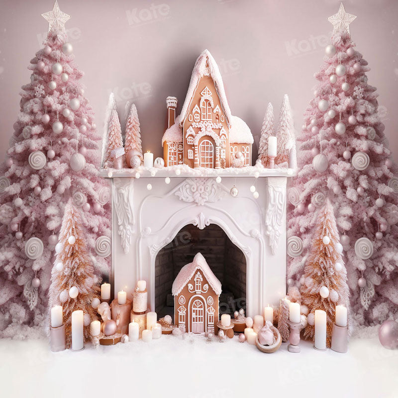Kate Christmas Pink Tree Fireplace Gingerbread House Backdrop for Photography -UK