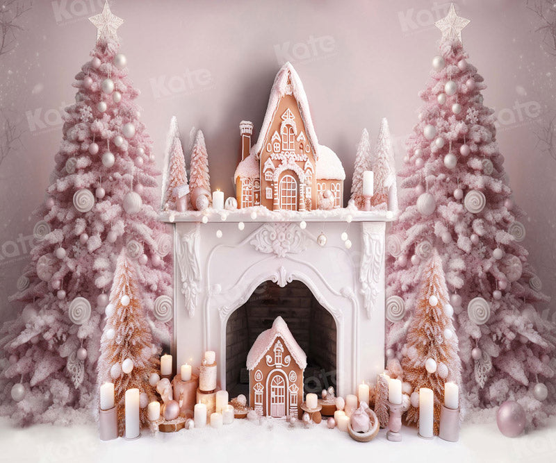 Kate Christmas Pink Tree Fireplace Gingerbread House Backdrop for Photography -UK
