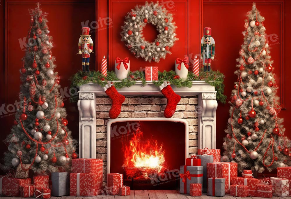 Kate Christmas Red Fireplace Tree Backdrop Designed by Chain Photography -UK