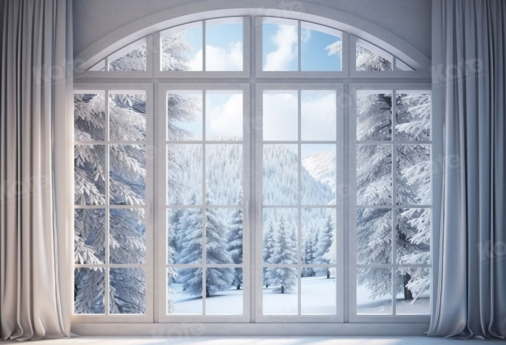 Kate Winter Window Snowy Trees Backdrop Designed by Chain Photography -UK