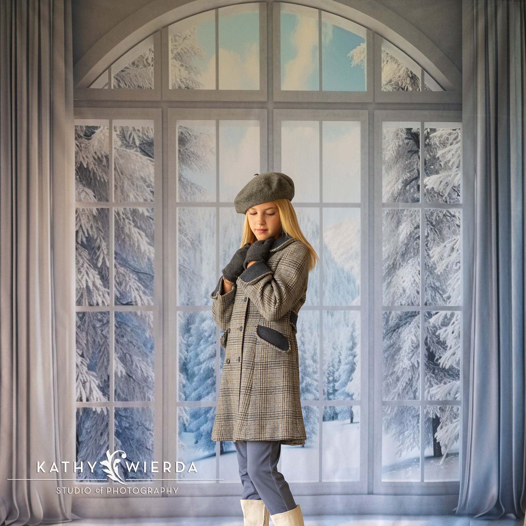 Kate Winter Window Snowy Trees Backdrop Designed by Chain Photography -UK