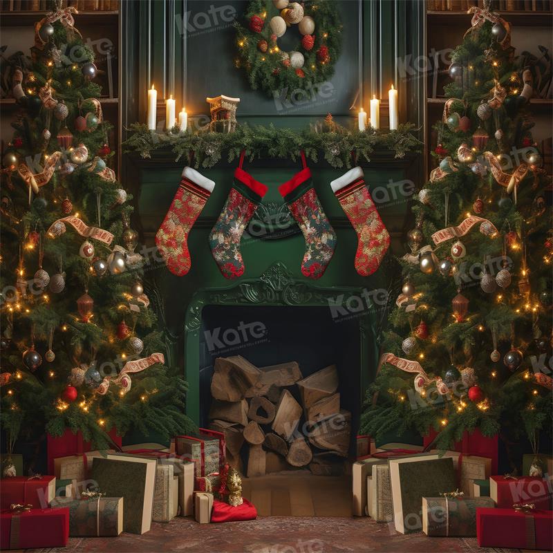 Kate Christmas Fireplace Gift Room Backdrop for Photography -UK