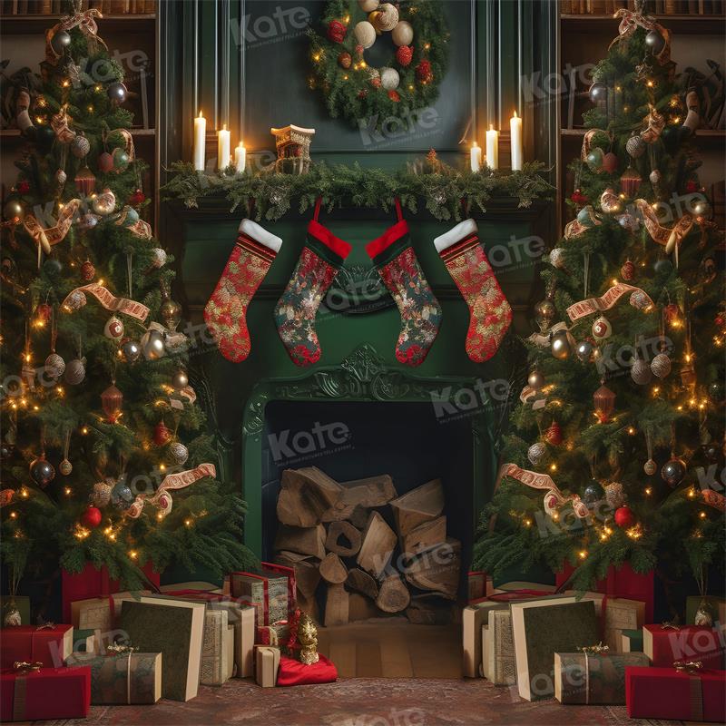 Kate Christmas Fireplace Gift Room Backdrop for Photography