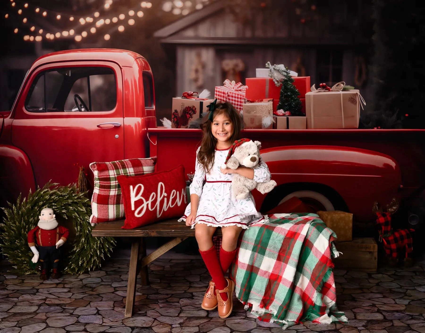 Kate Christmas Gift in Red Truck Fleece Backdrop for Photography