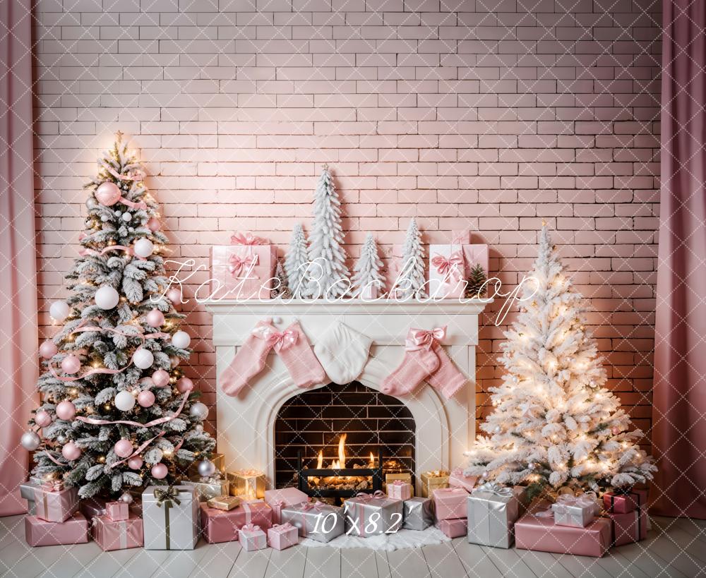 Kate Christmas Pink Room Fireplace Backdrop for Photography -UK