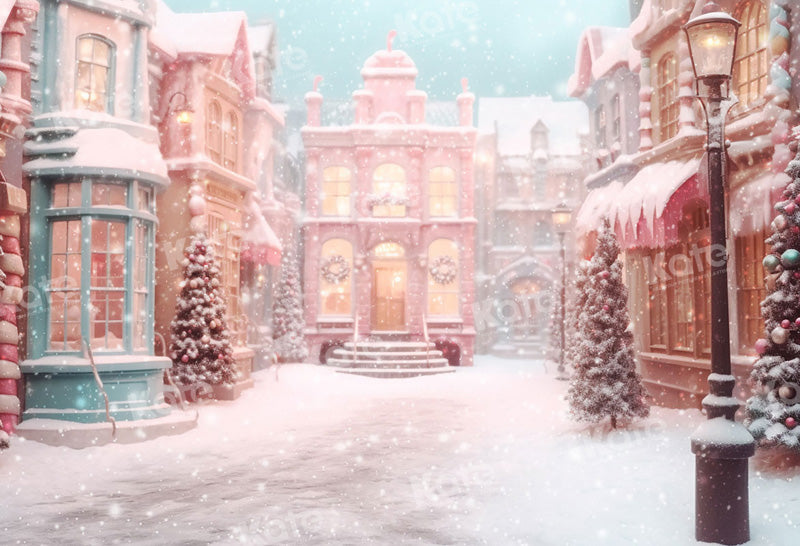 Kate Pink Christmas Snowy Town Candy Backdrop for Photography -UK