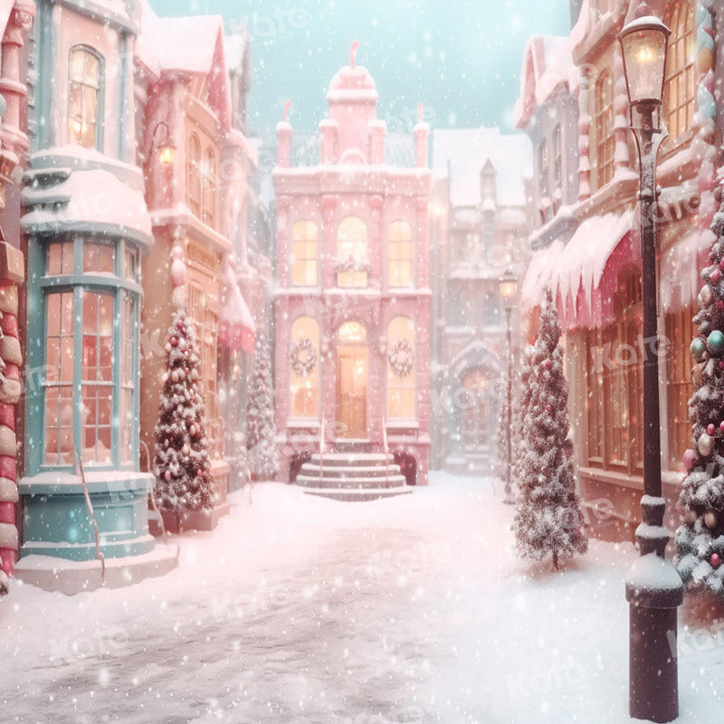 Kate Pink Christmas Snowy Town Candy Backdrop for Photography -UK