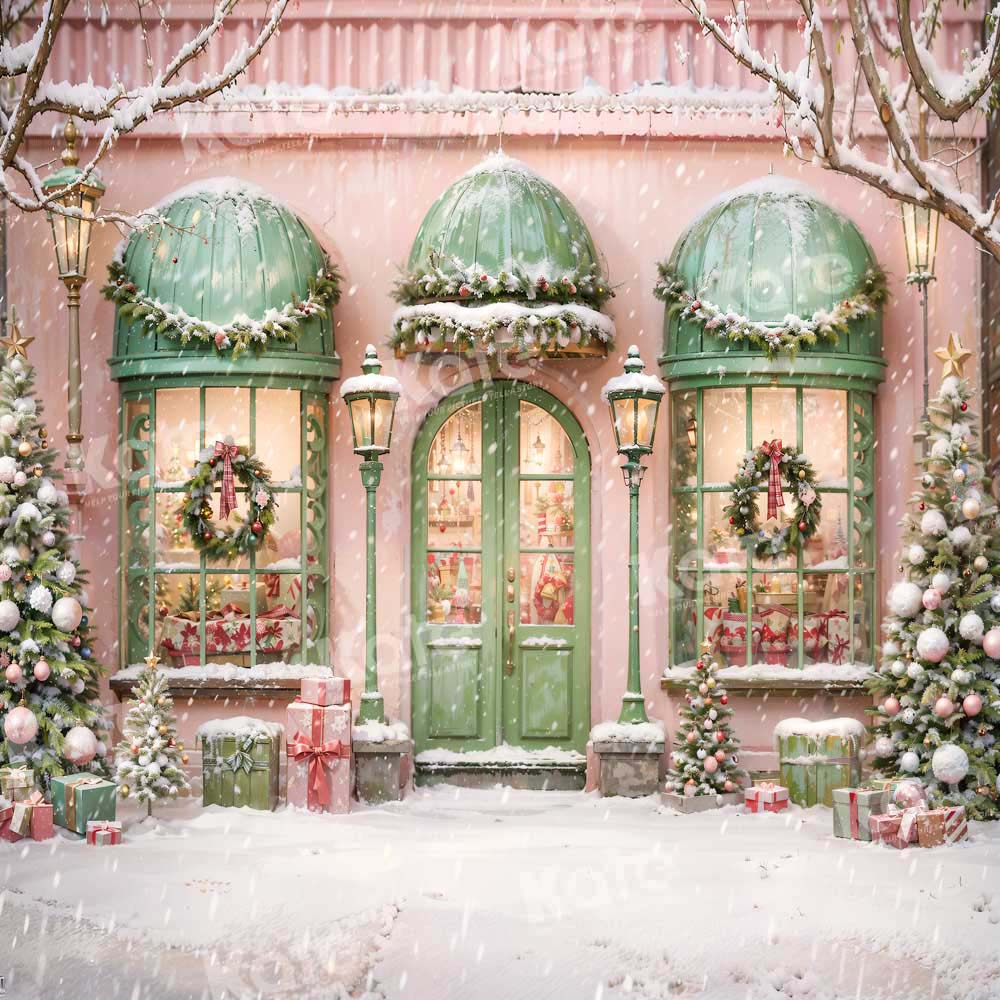 Kate Christmas Pink House Snowy Street Backdrop Designed by Chain Photography -UK