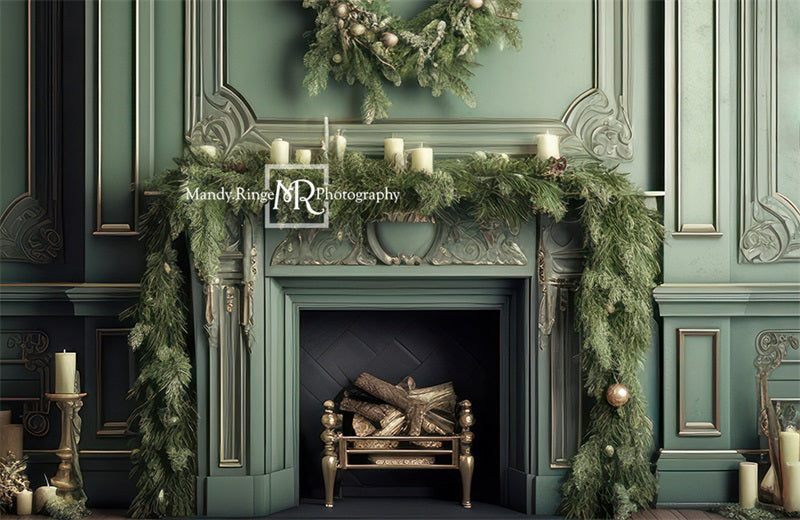 Kate Elegant Fireplace with Christmas Greenery Fleece Backdrop Designed by Mandy Ringe Photography