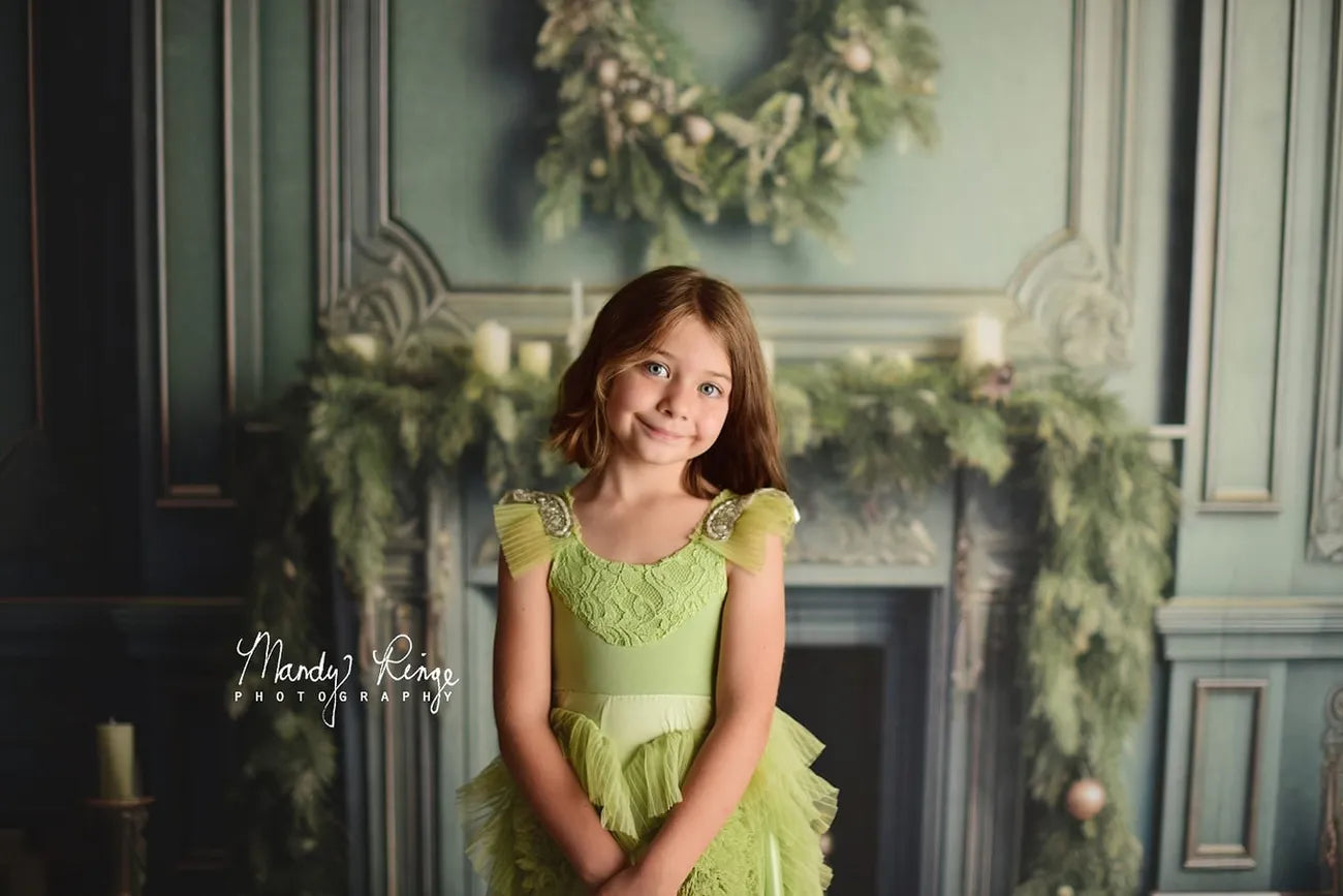 Kate Elegant Fireplace with Christmas Greenery Fleece Backdrop Designed by Mandy Ringe Photography