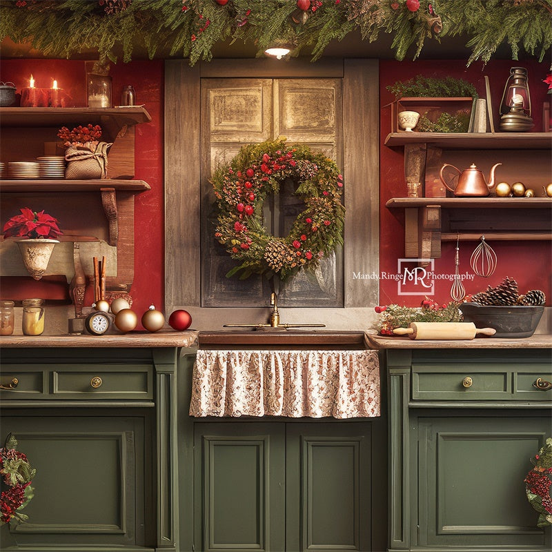 Kate Red&Green Christmas Kitchen Backdrop Designed by Mandy Ringe Photography -UK