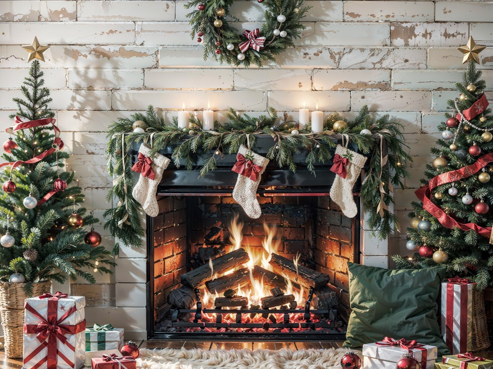 Kate Christmas Fireplace White Wall Backdrop for Photography