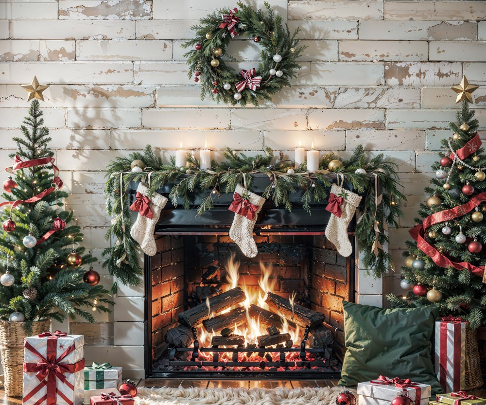Kate Christmas Fireplace White Wall Backdrop for Photography