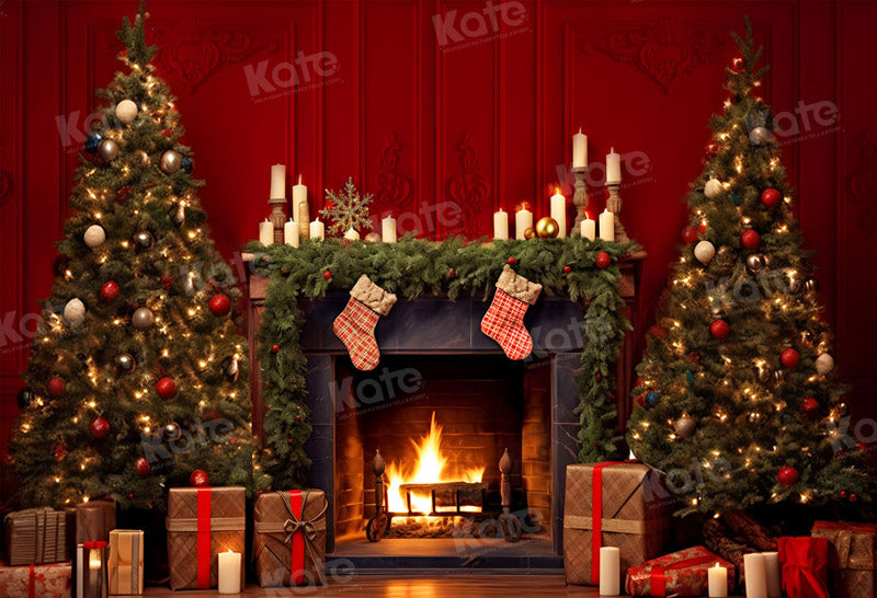 Kate Christmas Red Wall Fireplace Backdrop for Photography -UK