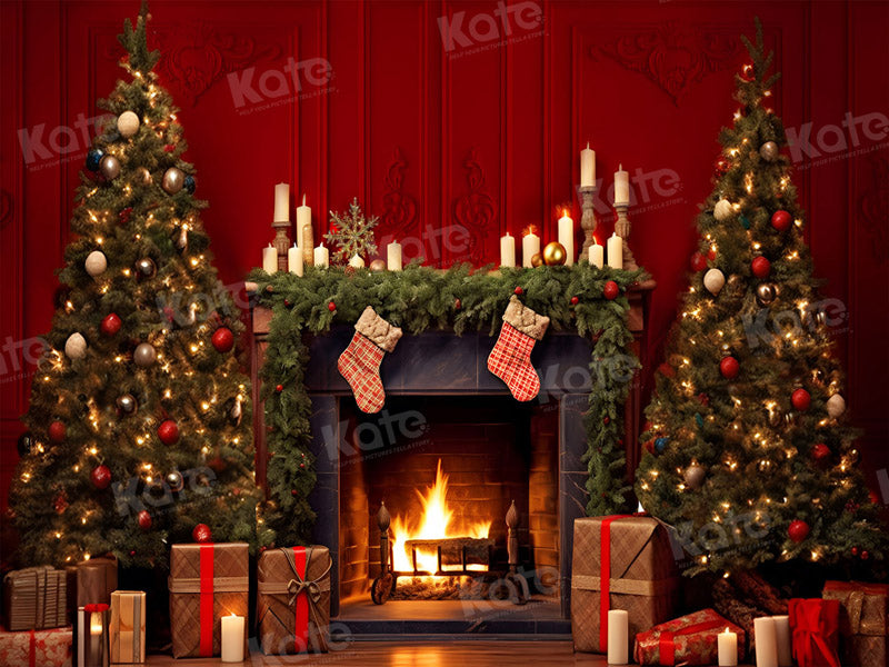 Kate Christmas Red Wall Fireplace Backdrop for Photography -UK