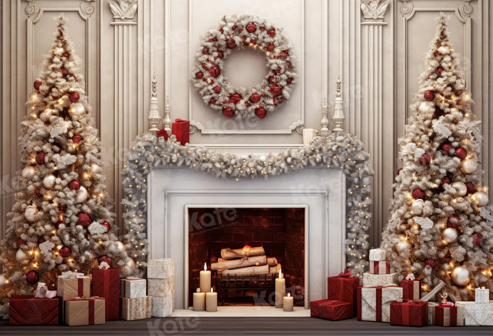 Kate Vintage Christmas Wreath Fireplace Backdrop for Photography -UK