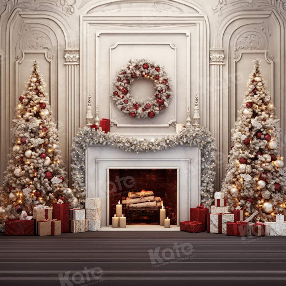 Kate Vintage Christmas Wreath Fireplace Backdrop for Photography -UK