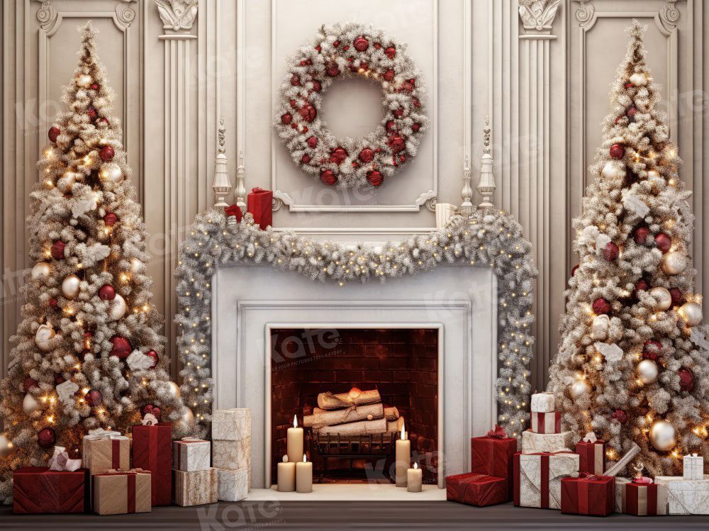 Kate Vintage Christmas Wreath Fireplace Backdrop for Photography -UK