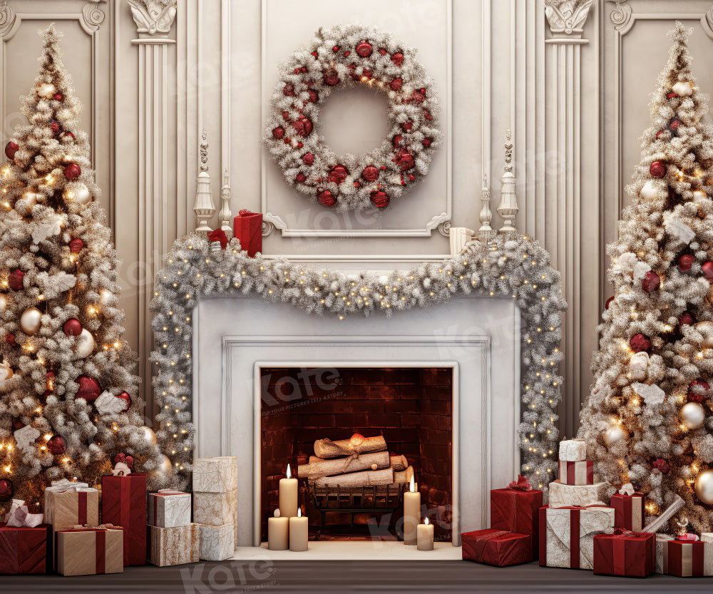 Kate Vintage Christmas Wreath Fireplace Backdrop for Photography -UK
