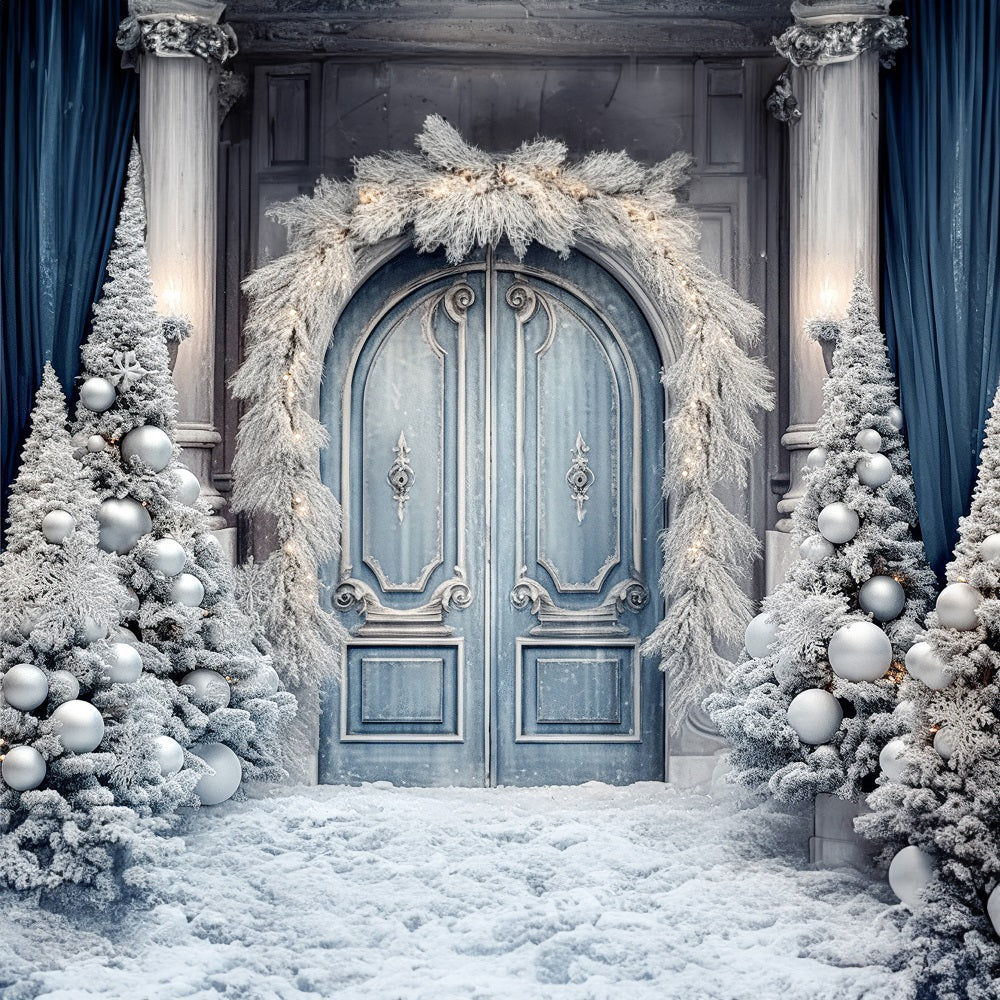 Kate Christmas Winter Frosted World Tree Blue Door Backdrop for Photography -UK