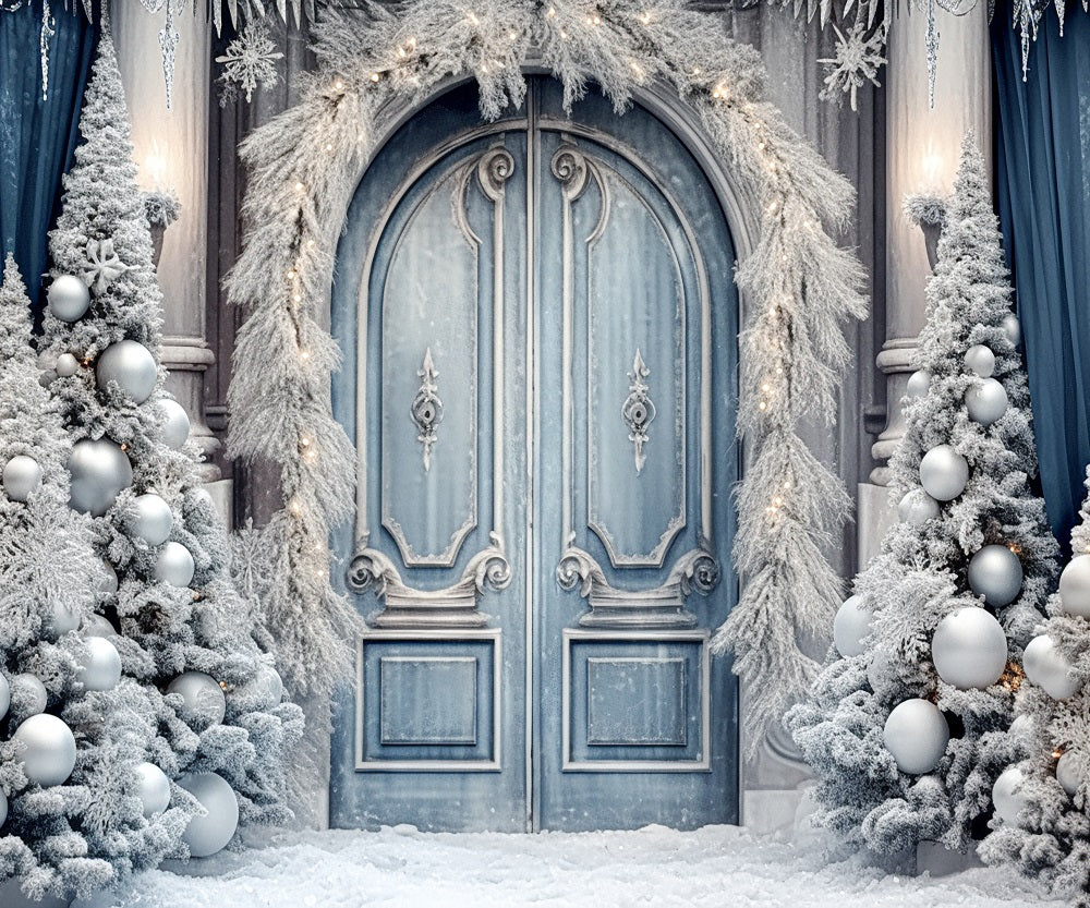 Kate Christmas Winter Frosted World Tree Blue Door Backdrop for Photography -UK