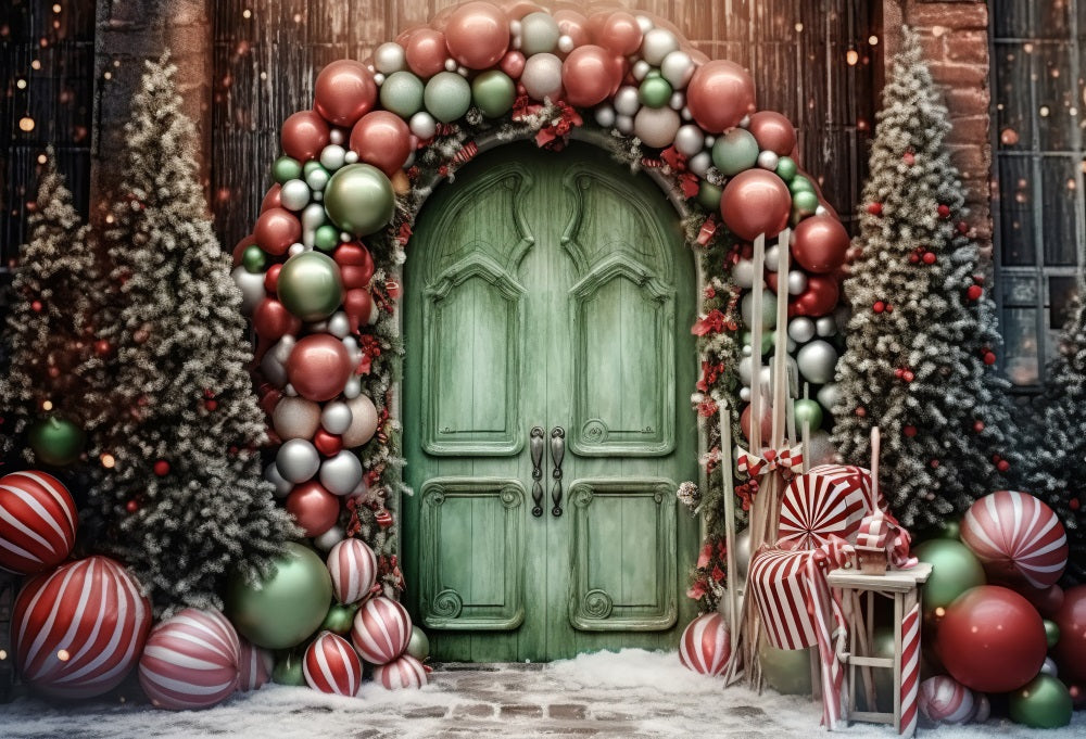 Kate Christmas Holiday Balloon Arch Green Door Backdrop for Photography