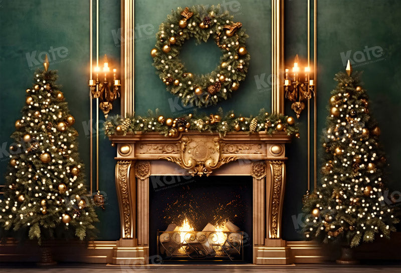 Kate Christmas Green Wall Golden Fireplace Backdrop for Photography -UK