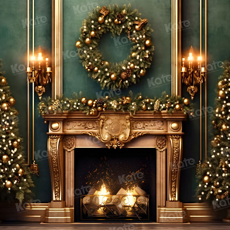 Kate Christmas Green Wall Golden Fireplace Backdrop for Photography -UK