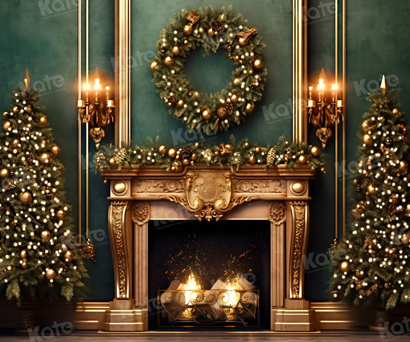 Kate Christmas Green Wall Golden Fireplace Backdrop for Photography -UK