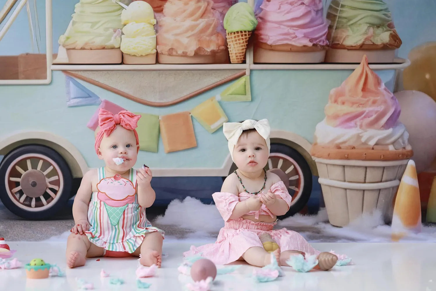 Kate Summer Sweet Ice Cream Car Cake Smash Balloon Sky Fleece Backdrop Designed by Chain Photography -UK