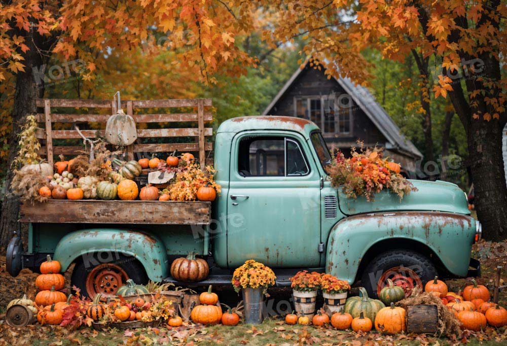 Kate Autumn Truck Golden Leaves Backdrop Designed by Chain Photography