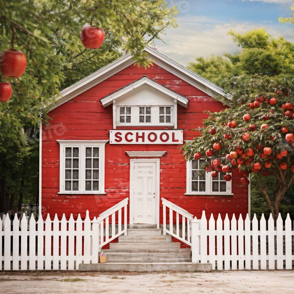 Kate Back to School Red House Apple Tree Fence Backdrop Designed by Chain Photography -UK