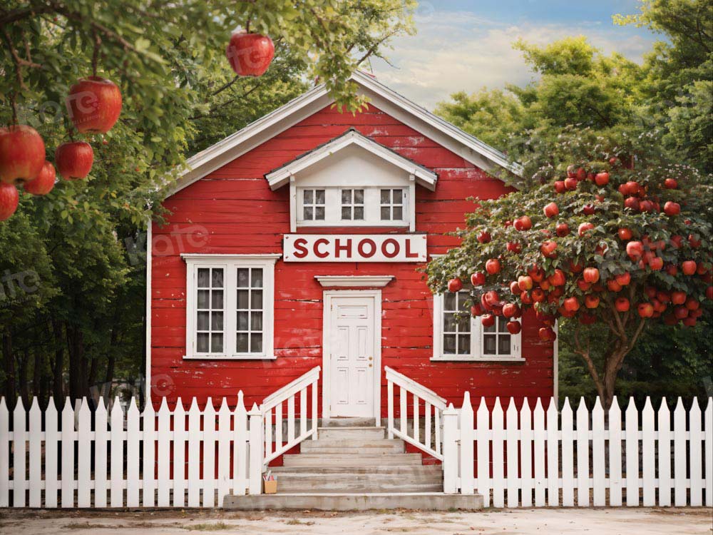 Kate Back to School Red House Apple Tree Fence Backdrop Designed by Chain Photography -UK