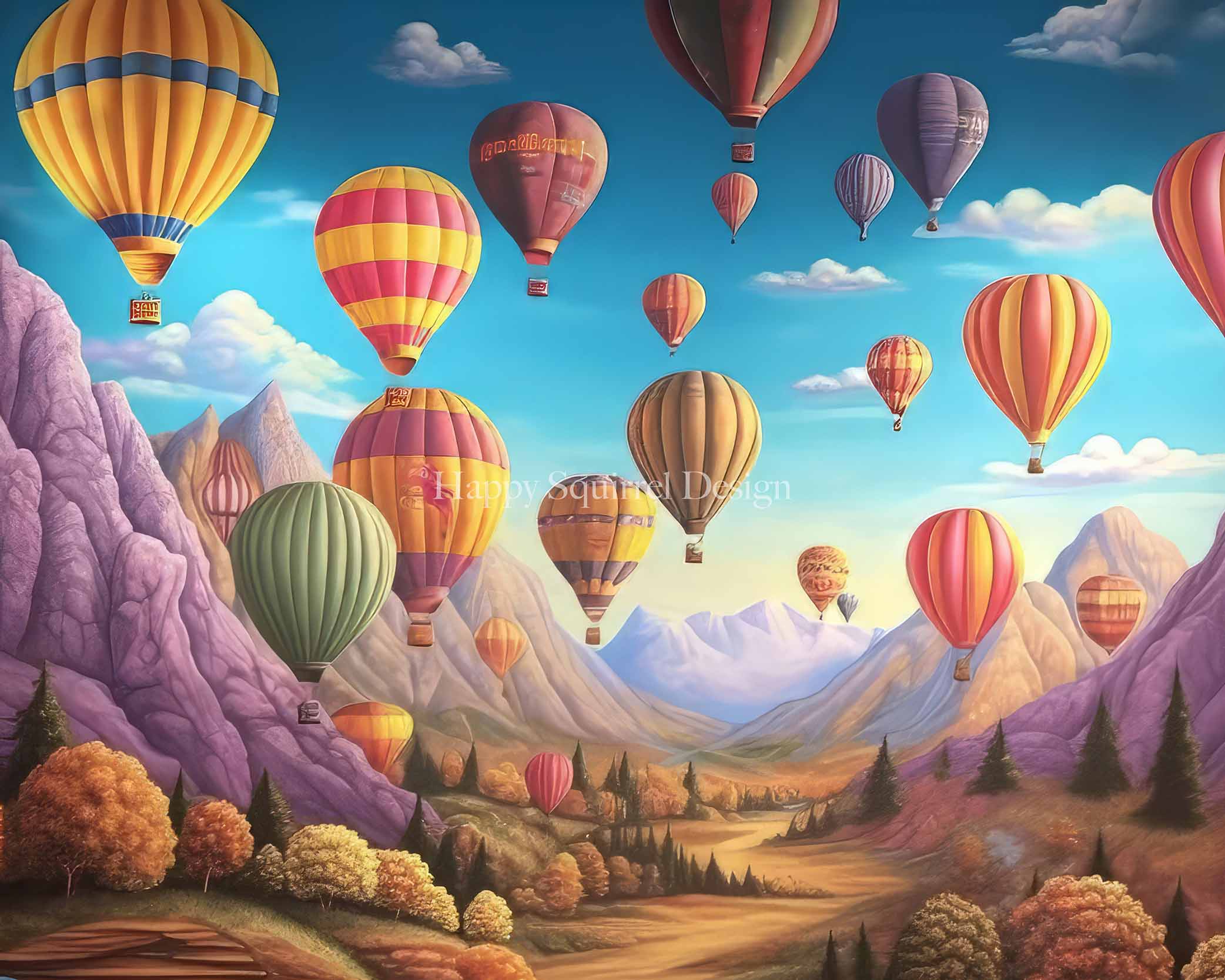 Kate Mountainside Air Balloons Backdrop Designed by Happy Squirrel Design -UK
