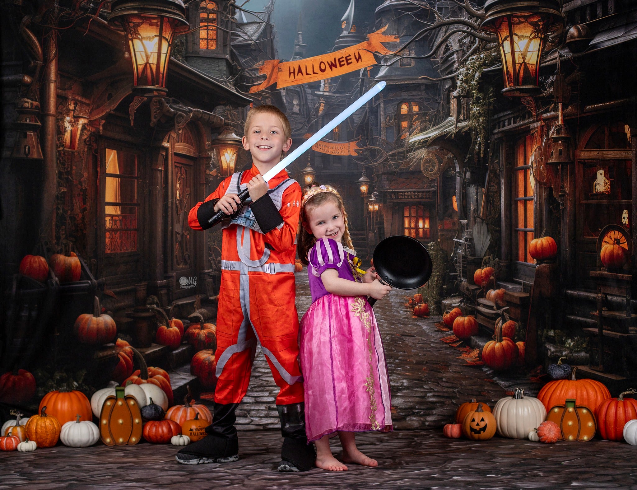 Kate Halloween Pumpkin Street Backdrop+Brown Stone Floor Backdrop -UK