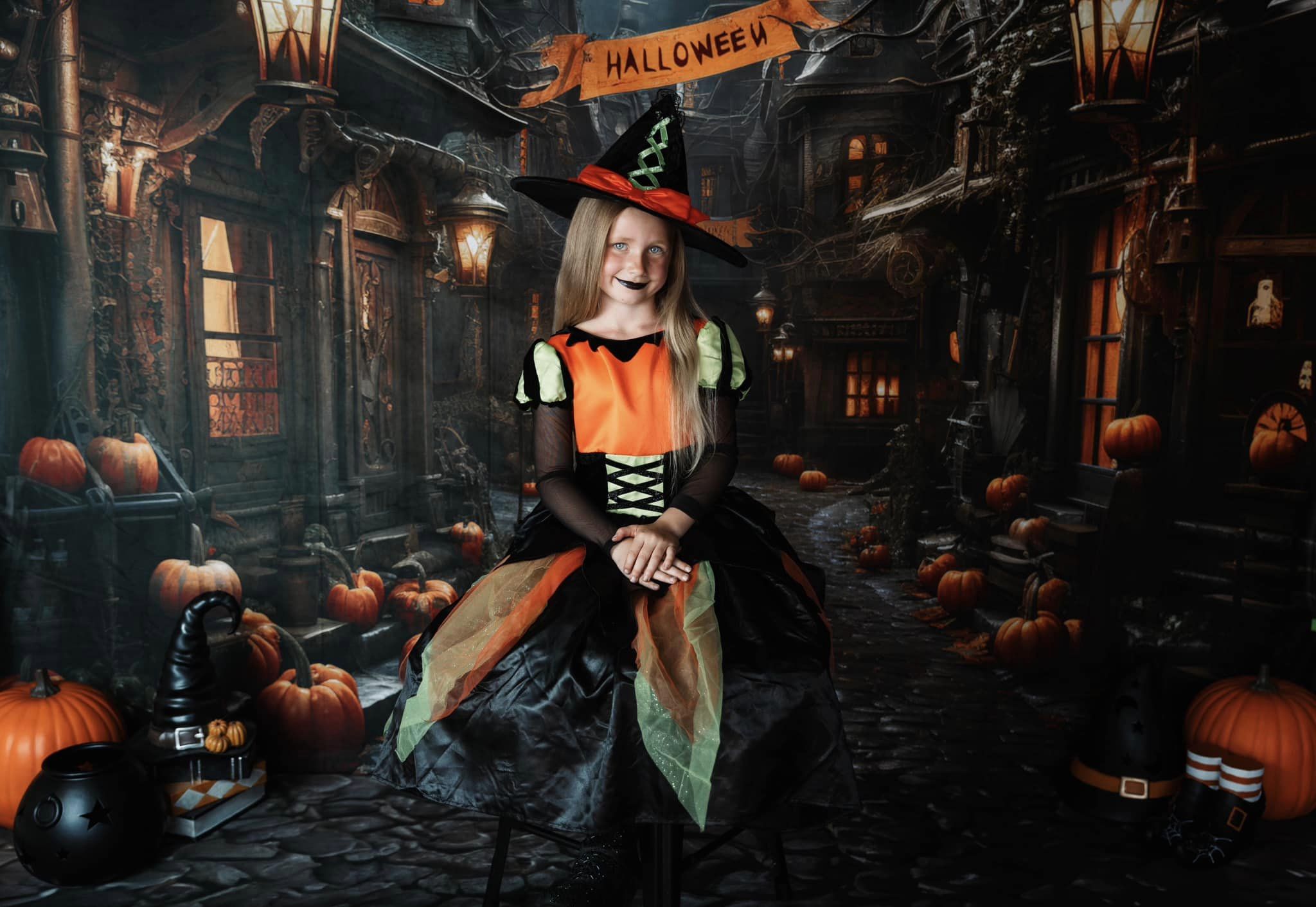 Kate Halloween Pumpkin Street Backdrop+Brown Stone Floor Backdrop